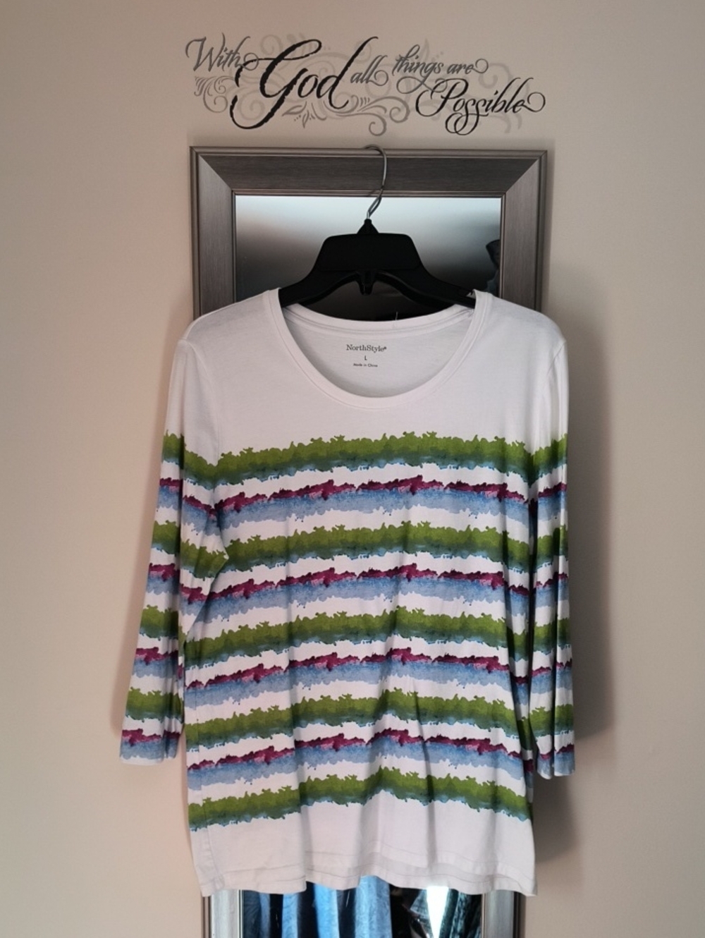 NorthStyle White Long-Sleeve Tee with Green, Blue & Purple Stripes
